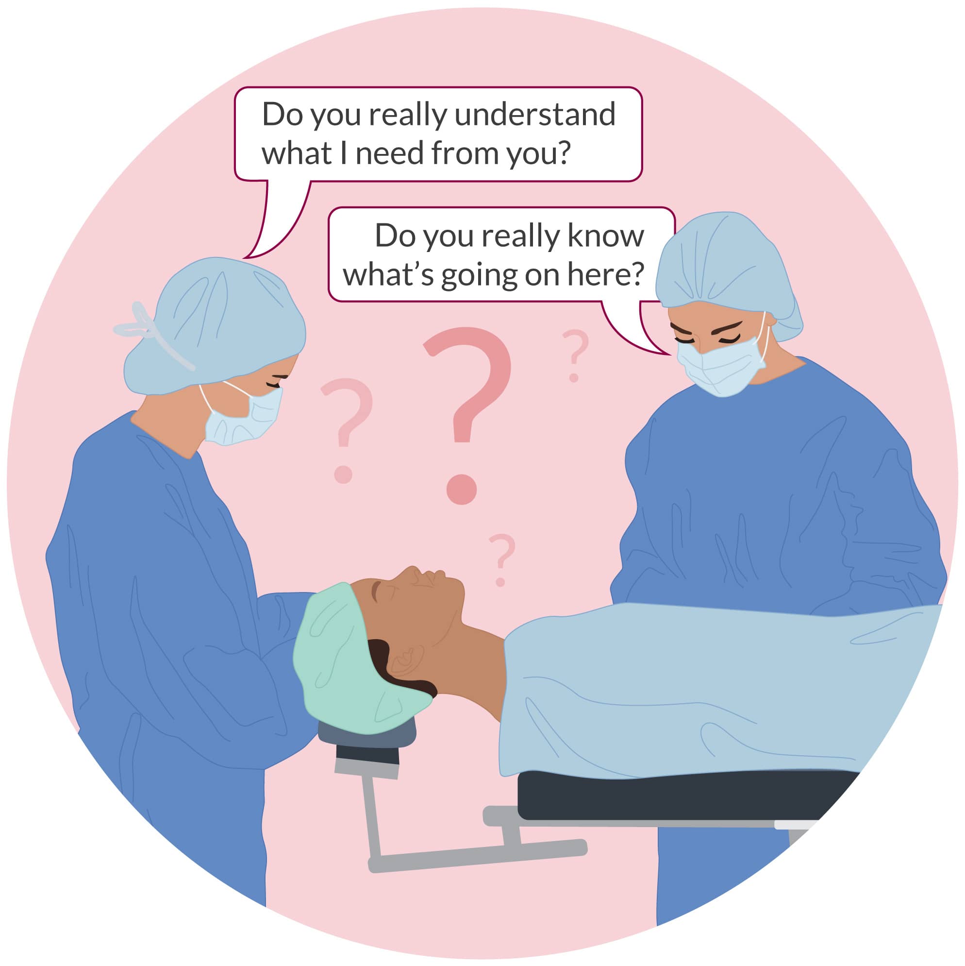 a miscommunication between two healthcare professionals mid-surgery