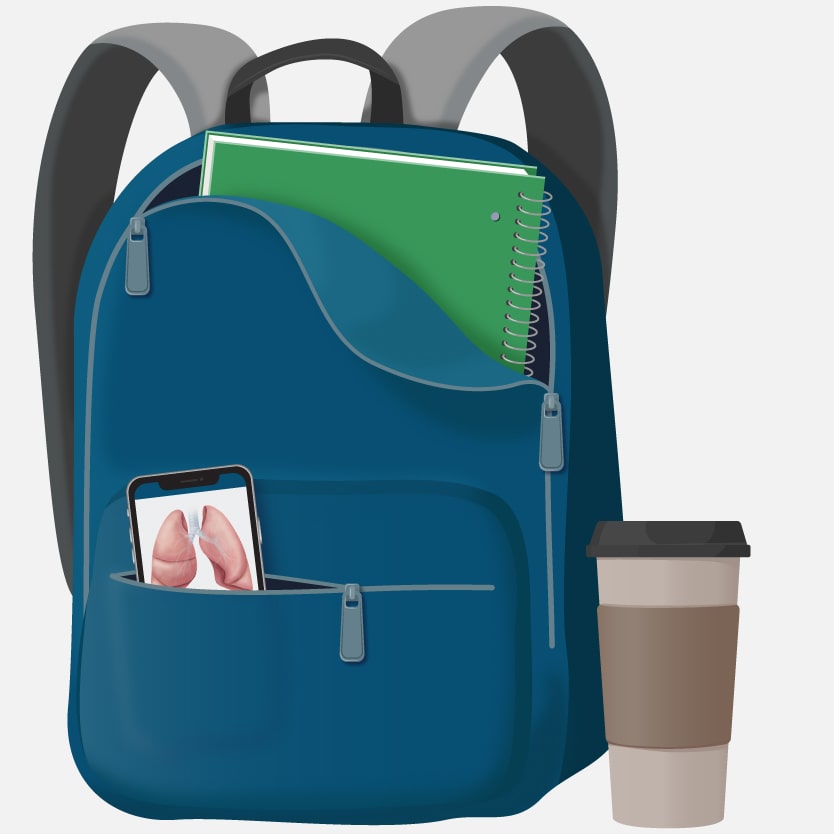 An illustration of a notebook and coffee next to a backpack with study material inside