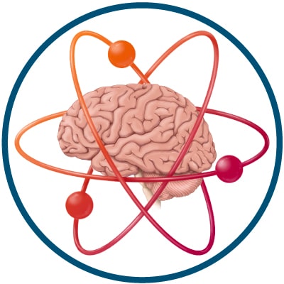 A visualization of an atom with the neutron being a brain